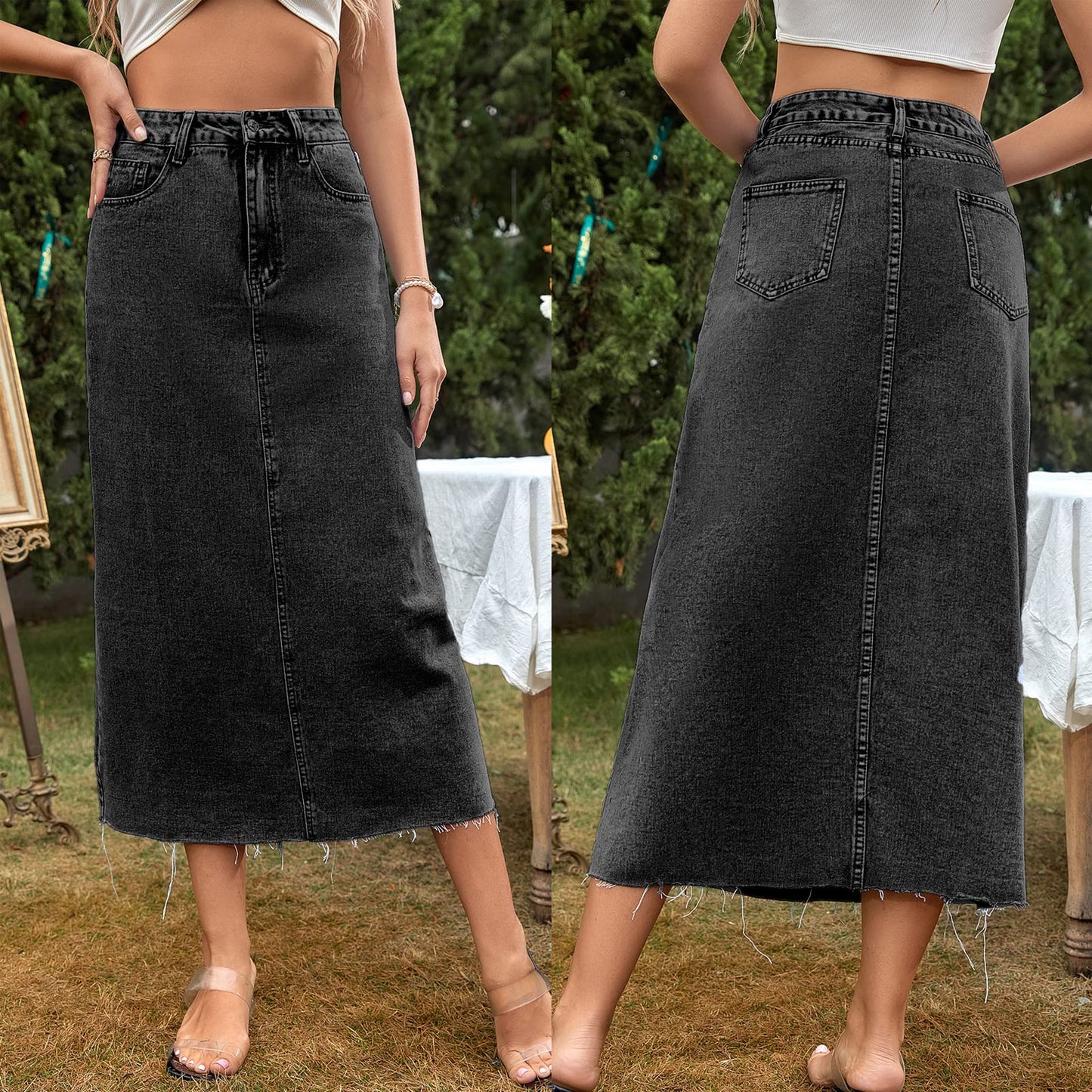 Long Denim Skirts for Women Maxi High Waist A-line Flare Jean Skirt