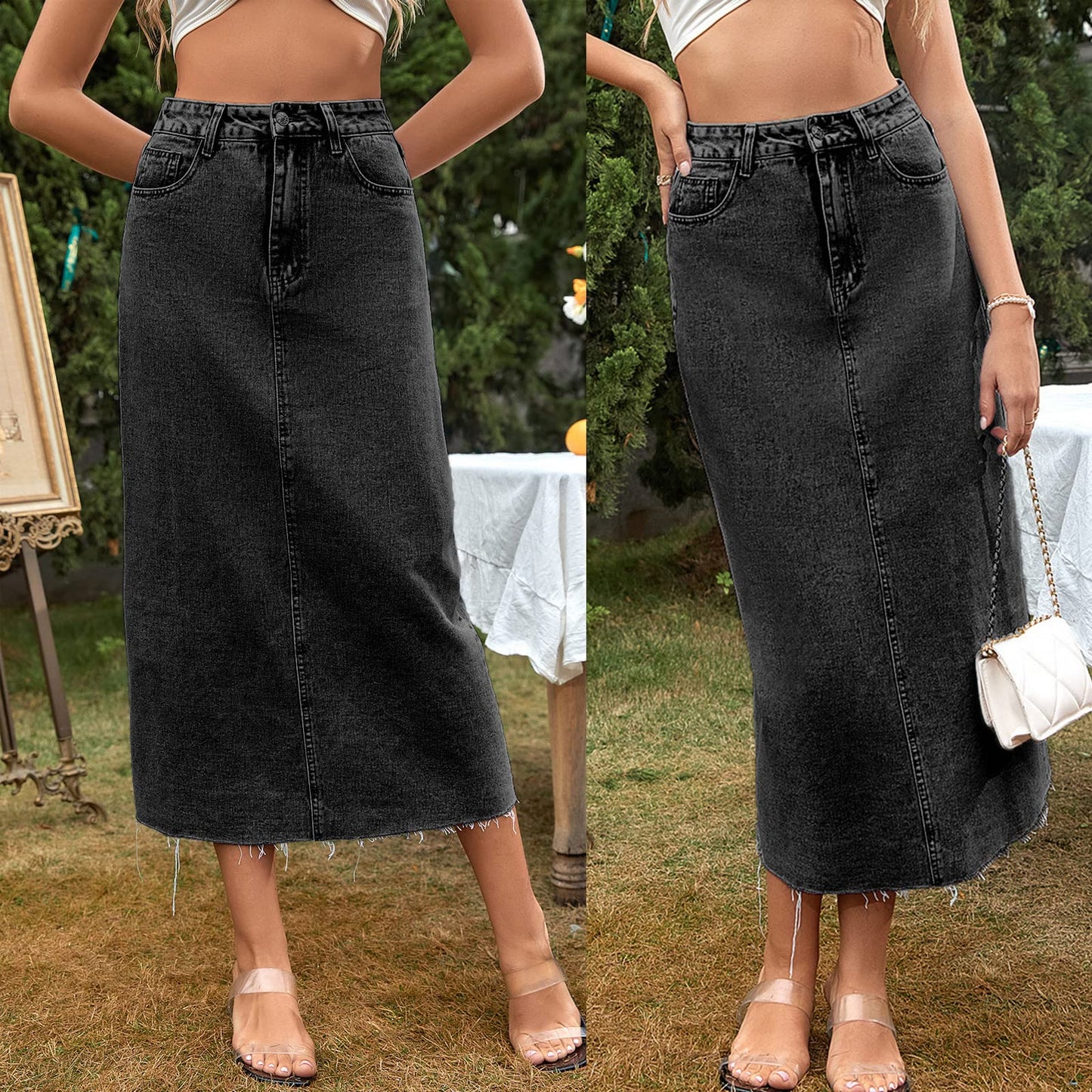 Long Denim Skirts for Women Maxi High Waist A-line Flare Jean Skirt