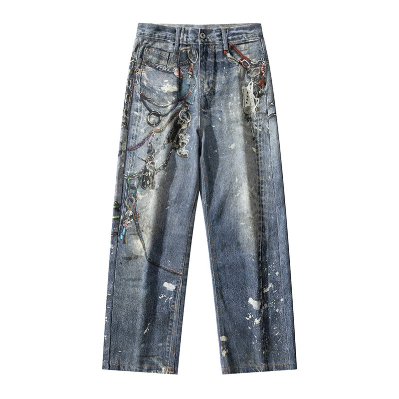 Men’s 3D Graffiti Keychain Print Jeans Y2K Streetwear Baggy Straight Leg Denim
