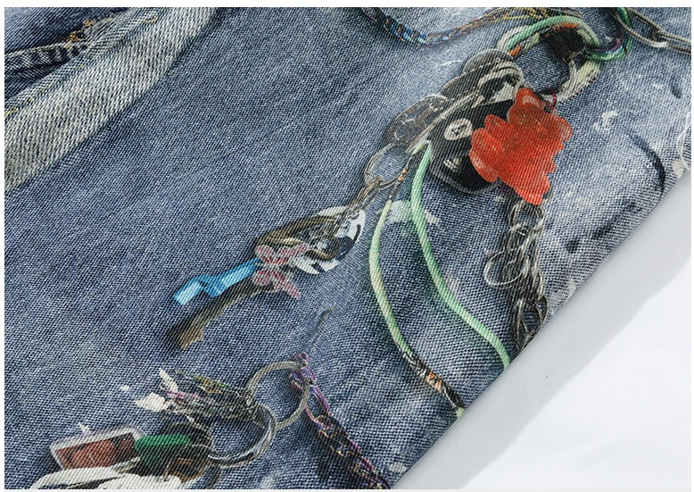 Men’s 3D Graffiti Keychain Print Jeans Y2K Streetwear Baggy Straight Leg Denim