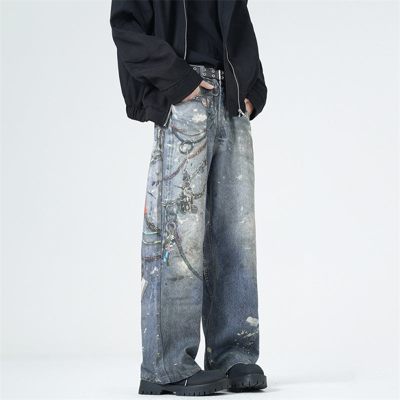 Men’s 3D Graffiti Keychain Print Jeans Y2K Streetwear Baggy Straight Leg Denim