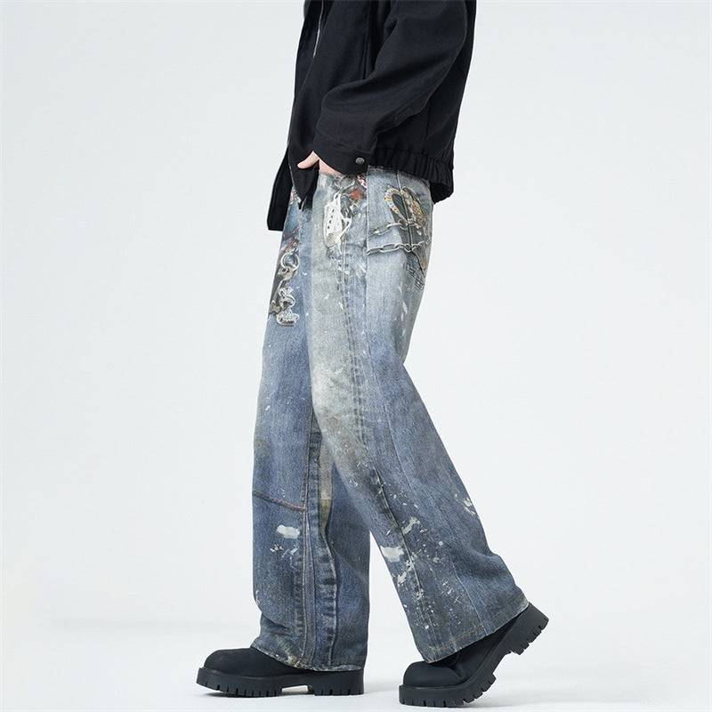 Men’s 3D Graffiti Keychain Print Jeans Y2K Streetwear Baggy Straight Leg Denim