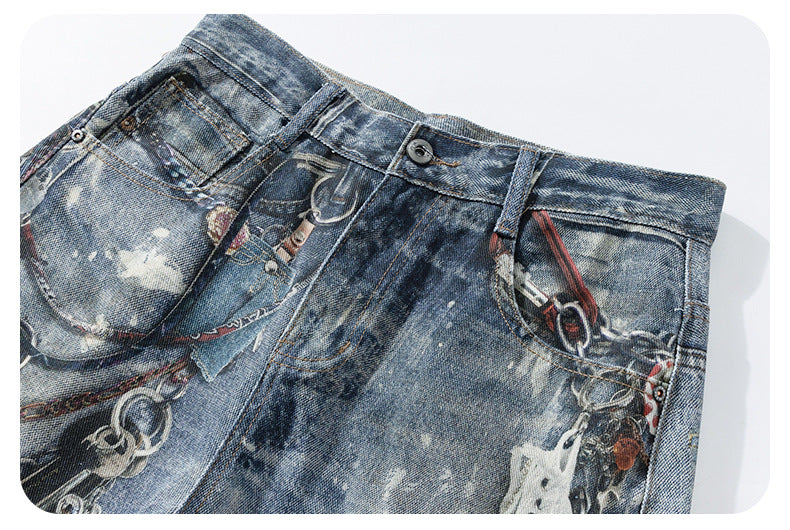 Men’s 3D Graffiti Keychain Print Jeans Y2K Streetwear Baggy Straight Leg Denim