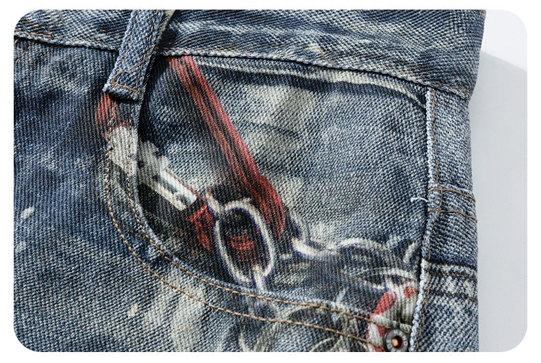 Men’s 3D Graffiti Keychain Print Jeans Y2K Streetwear Baggy Straight Leg Denim