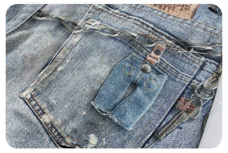 Men’s 3D Graffiti Keychain Print Jeans Y2K Streetwear Baggy Straight Leg Denim