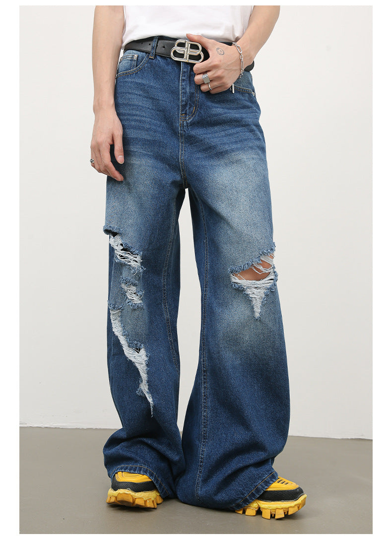 Men's Baggy Jeans Loose Fit Ripped Distressed Straight Leg Denim Pants