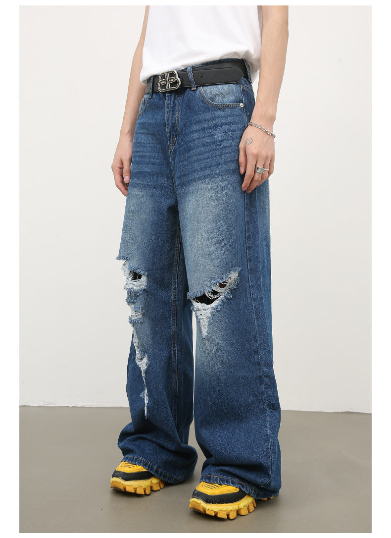 Men's Baggy Jeans Loose Fit Ripped Distressed Straight Leg Denim Pants