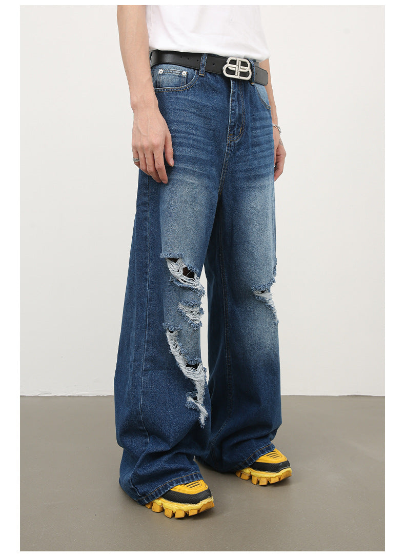 Men's Baggy Jeans Loose Fit Ripped Distressed Straight Leg Denim Pants