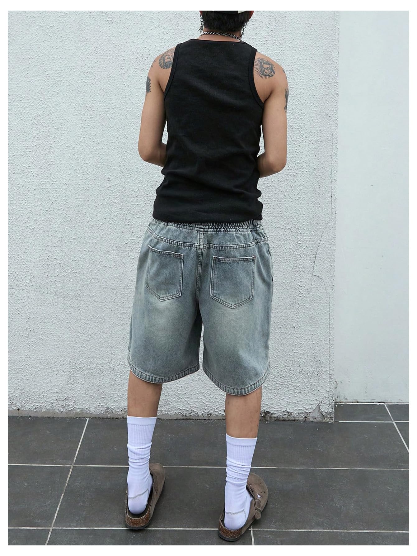 Men's Denim Shorts Baggy Jean Elastic Drawstring Pants Jorts Streetwear