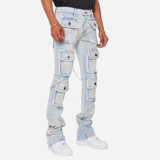 men's distressed cargo jeans slim fit multi pocket streetwear, side view
