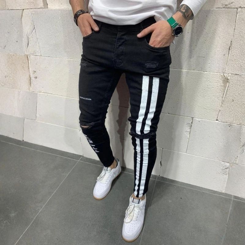 Men's distressed skinny jeans with side stripes street denim in black
