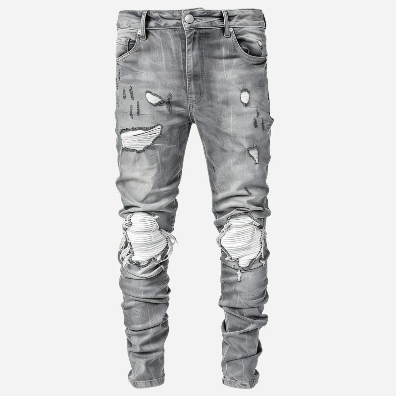 Men’s Distressed Slim Fit Ripped Denim Tapered Jeans Streetwear in grey