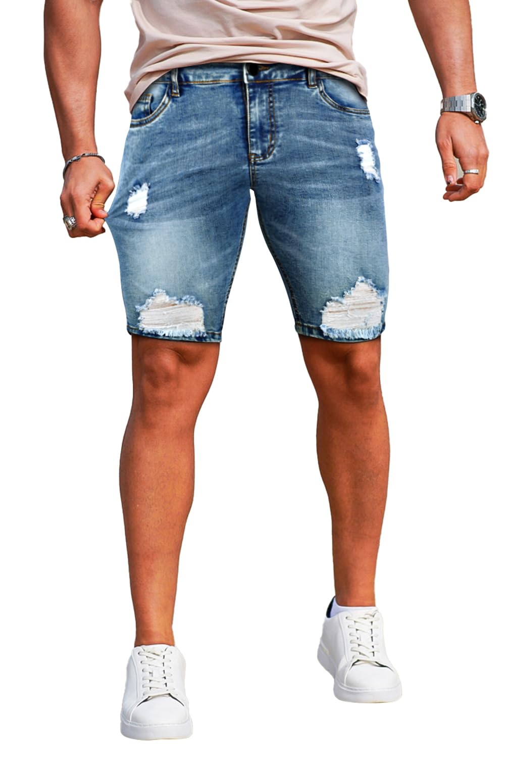 Men's Jean Shorts Ripped Slim Fit Stretch Denim Short Pants