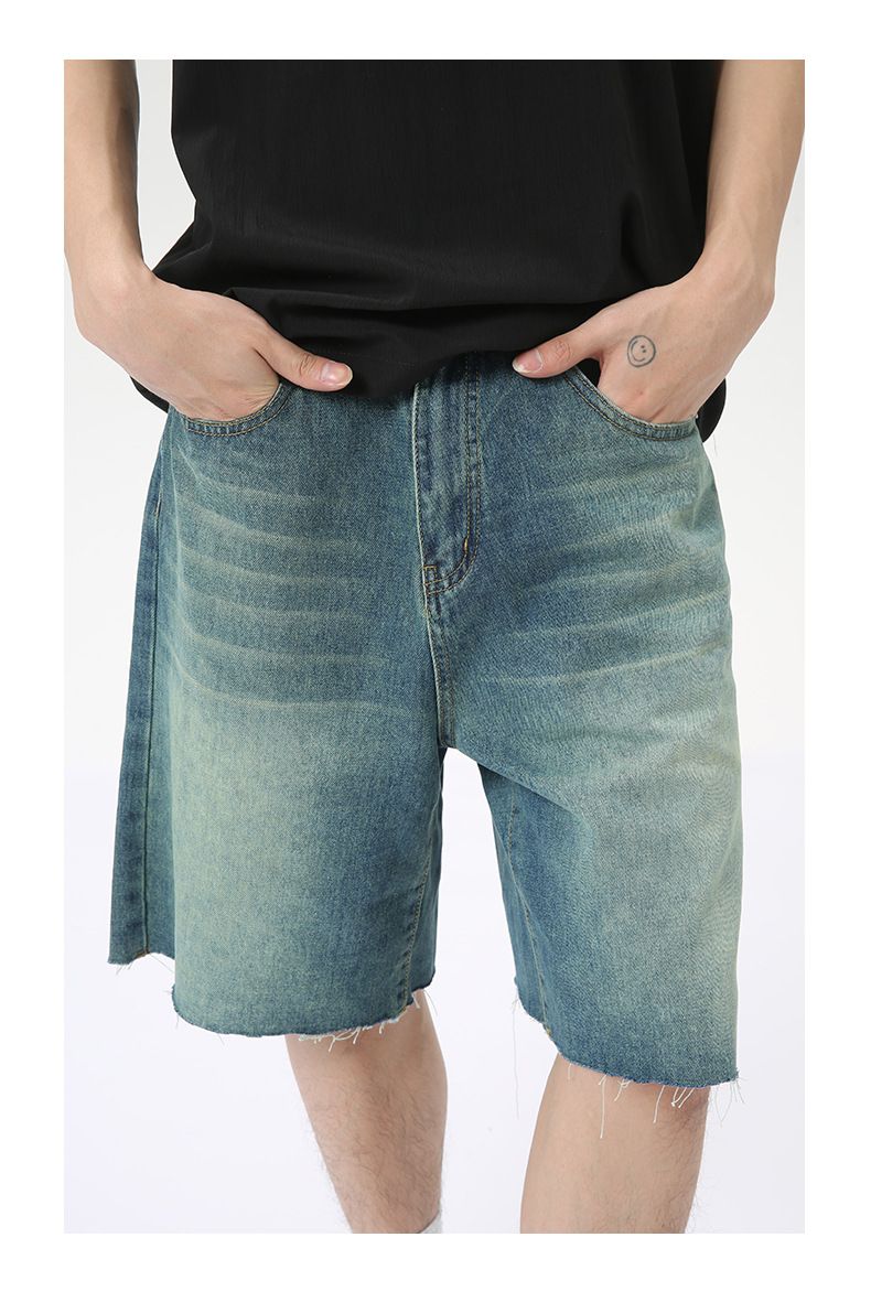 Men's Jeans Shorts Raw Trim Baggy Straight Leg Stretch Denim Jean Jorts