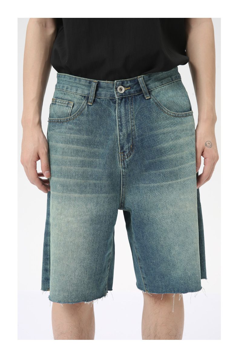 Men's Jeans Shorts Raw Trim Baggy Straight Leg Stretch Denim Jean Jorts