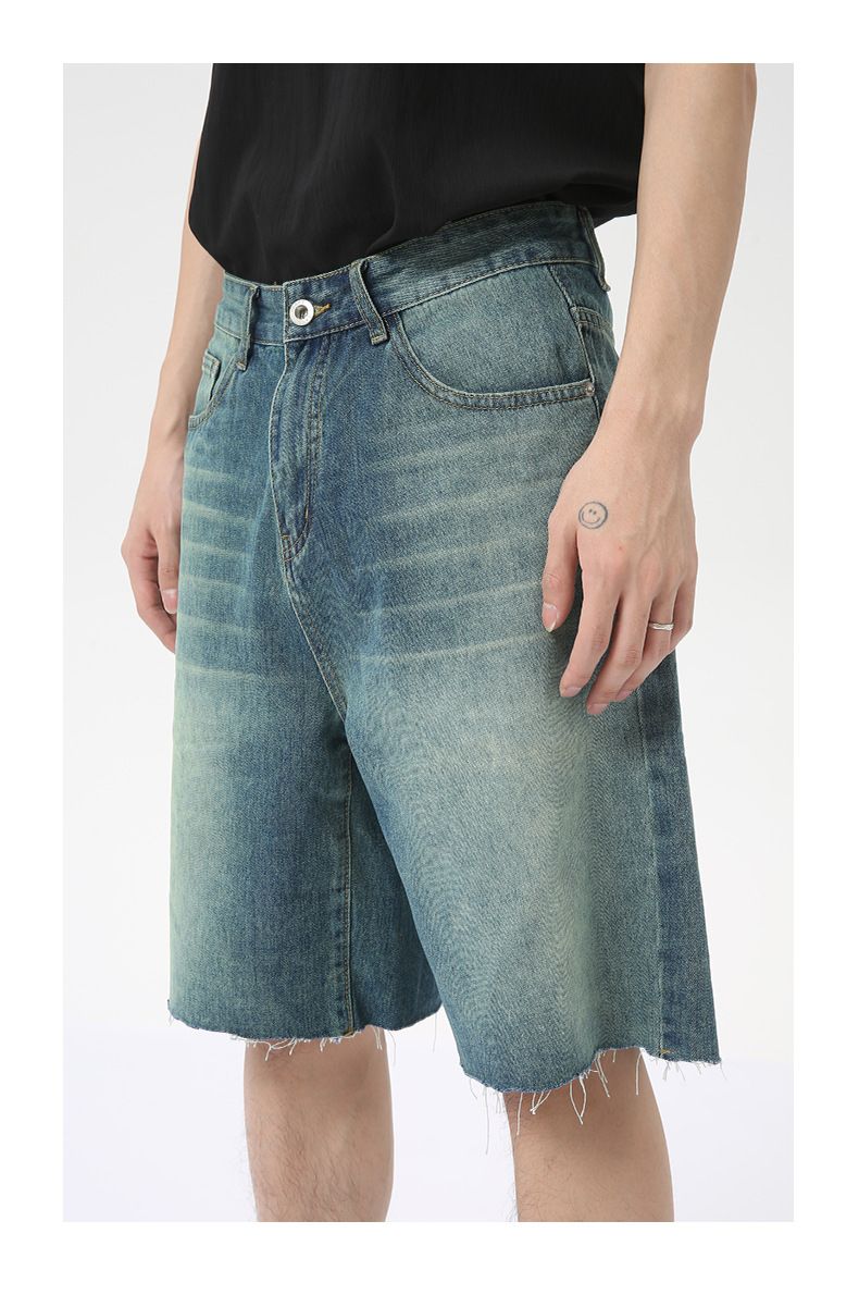 Men's Jeans Shorts Raw Trim Baggy Straight Leg Stretch Denim Jean Jorts