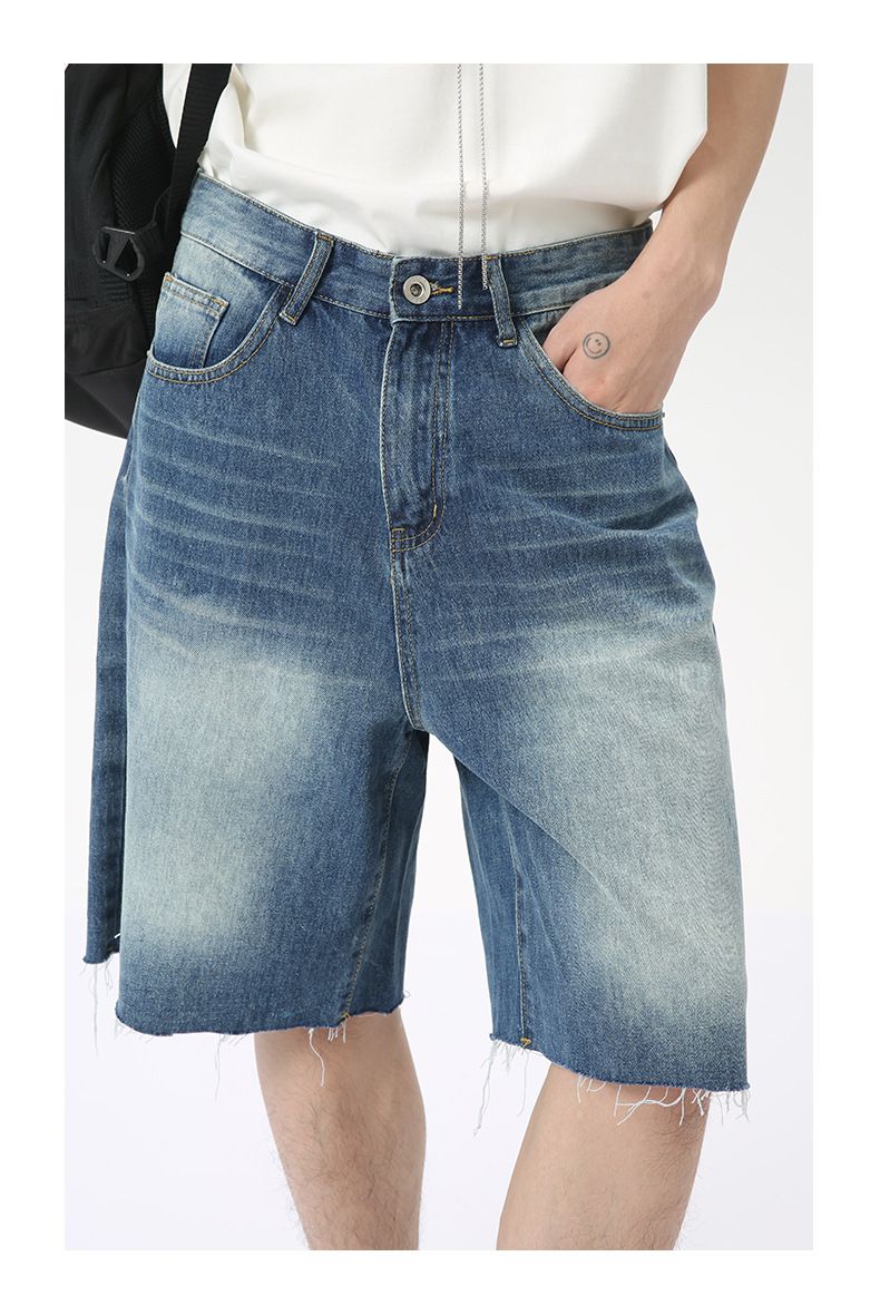 Men's Jeans Shorts Raw Trim Baggy Straight Leg Stretch Denim Jean Jorts