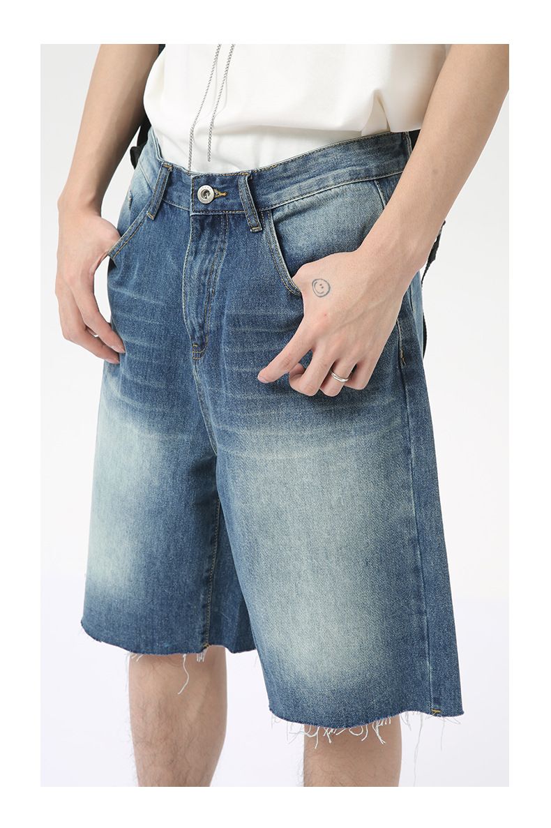 Men's Jeans Shorts Raw Trim Baggy Straight Leg Stretch Denim Jean Jorts