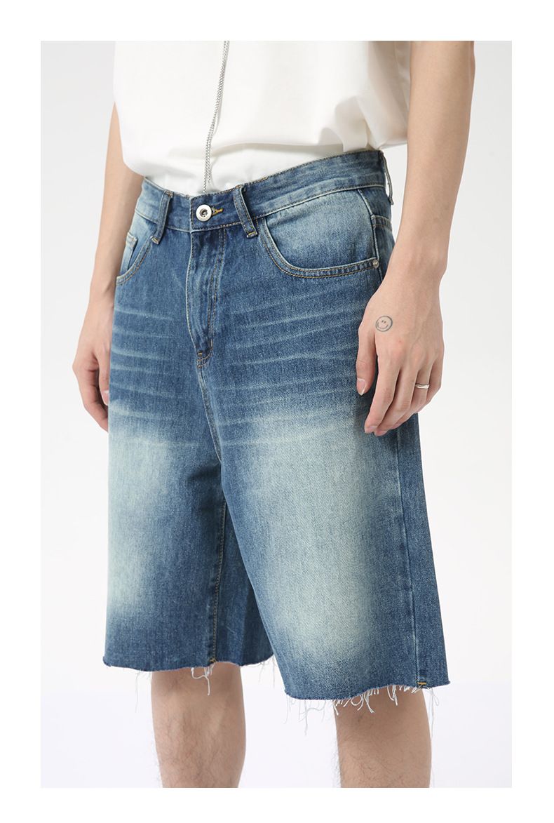 Men's Jeans Shorts Raw Trim Baggy Straight Leg Stretch Denim Jean Jorts