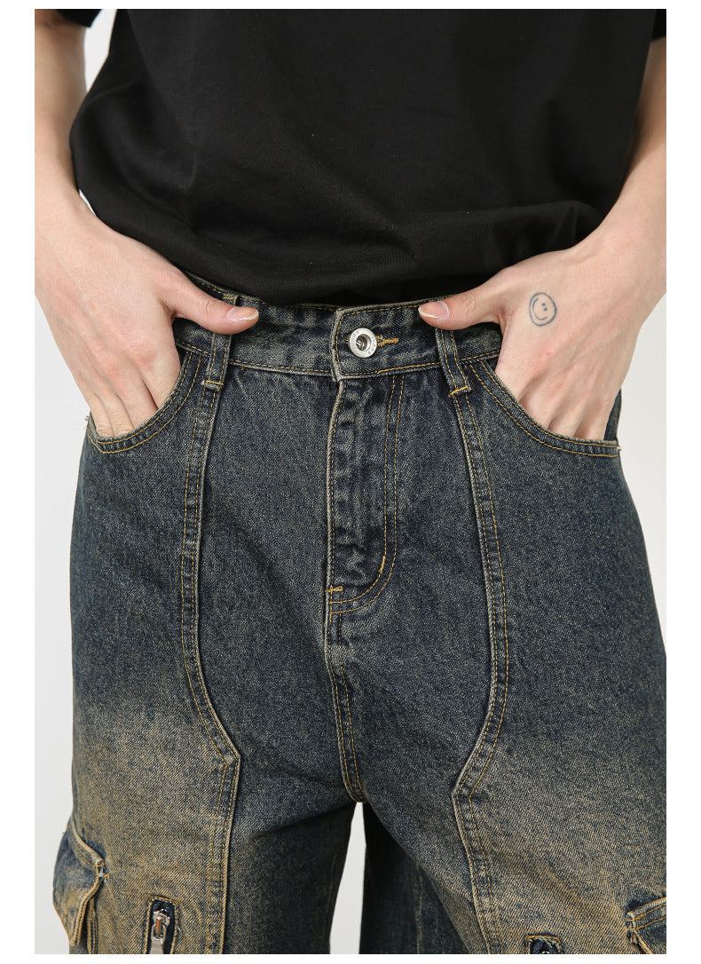 Men’s Multi-Pocket Cargo Jeans Y2K Streetwear Baggy Wide Leg Denim Trousers
