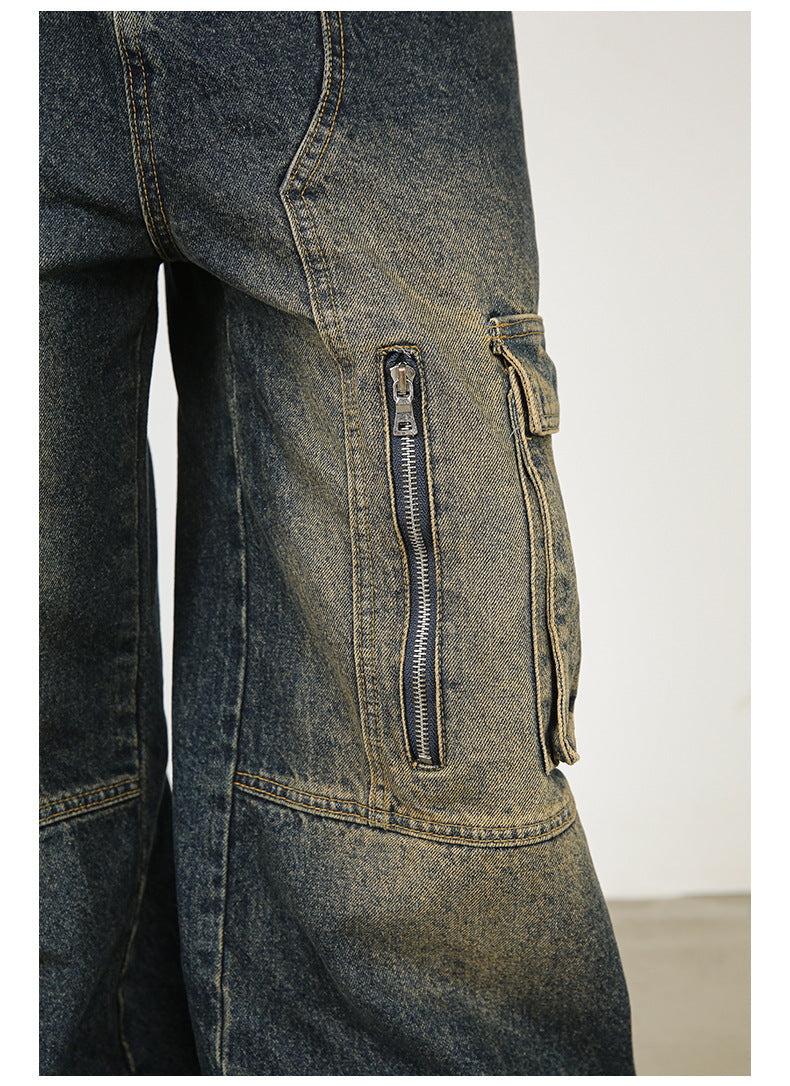Men’s Multi-Pocket Cargo Jeans Y2K Streetwear Baggy Wide Leg Denim Trousers