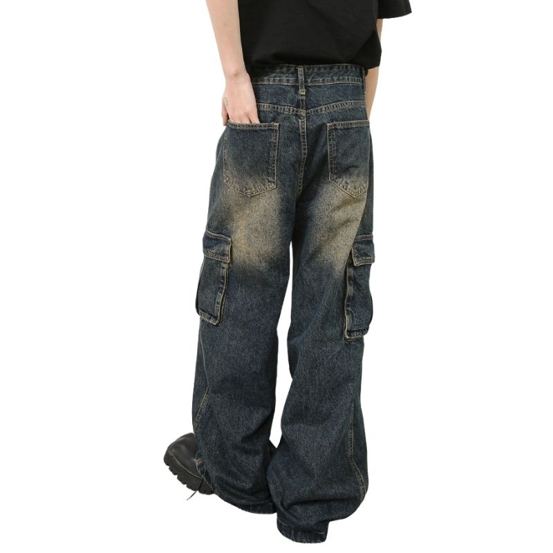 Men’s Multi-Pocket Cargo Jeans Y2K Streetwear Baggy Wide Leg Denim Trousers