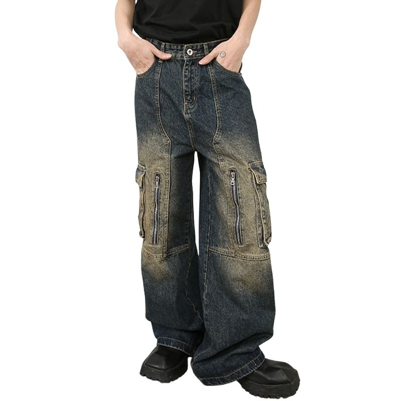 Men’s Multi-Pocket Cargo Jeans Y2K Streetwear Baggy Wide Leg Denim Trousers