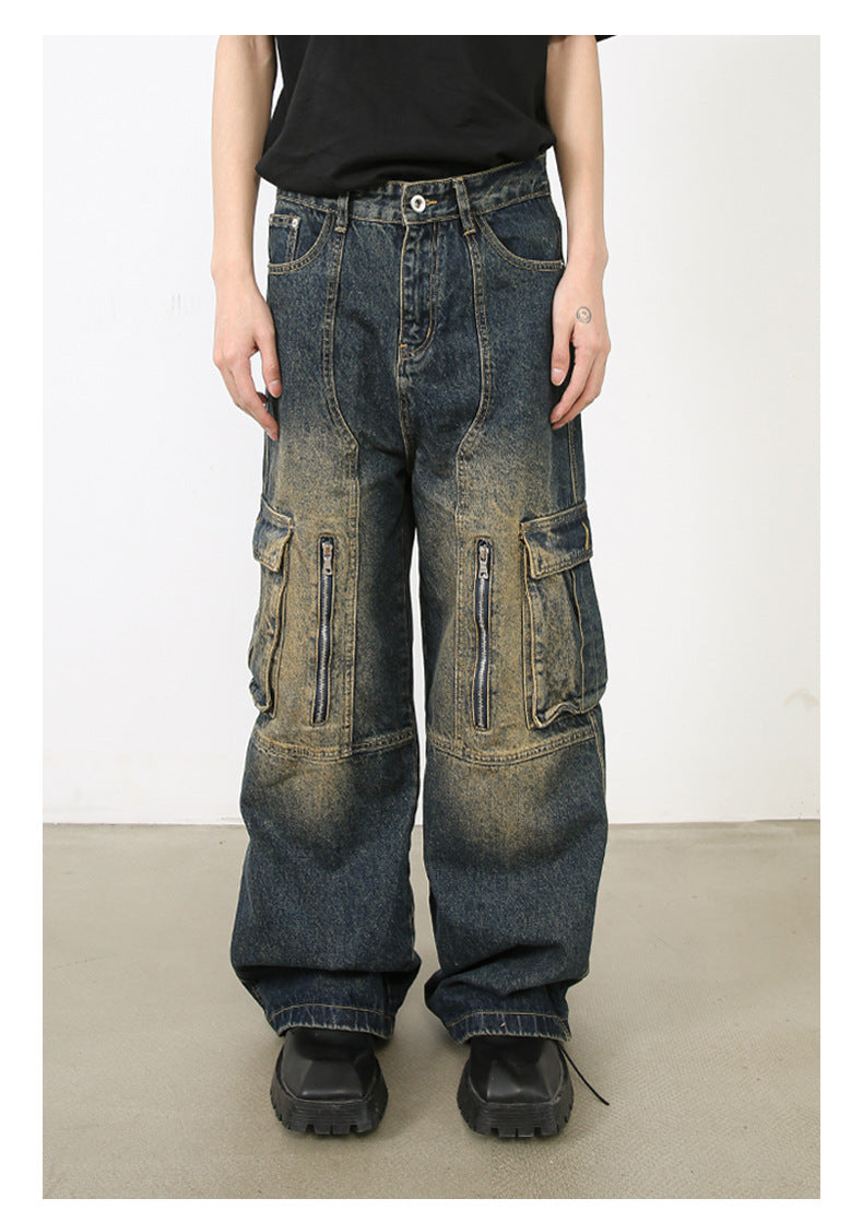 Men’s Multi-Pocket Cargo Jeans Y2K Streetwear Baggy Wide Leg Denim Trousers