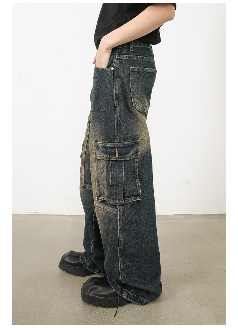 Men’s Multi-Pocket Cargo Jeans Y2K Streetwear Baggy Wide Leg Denim Trousers