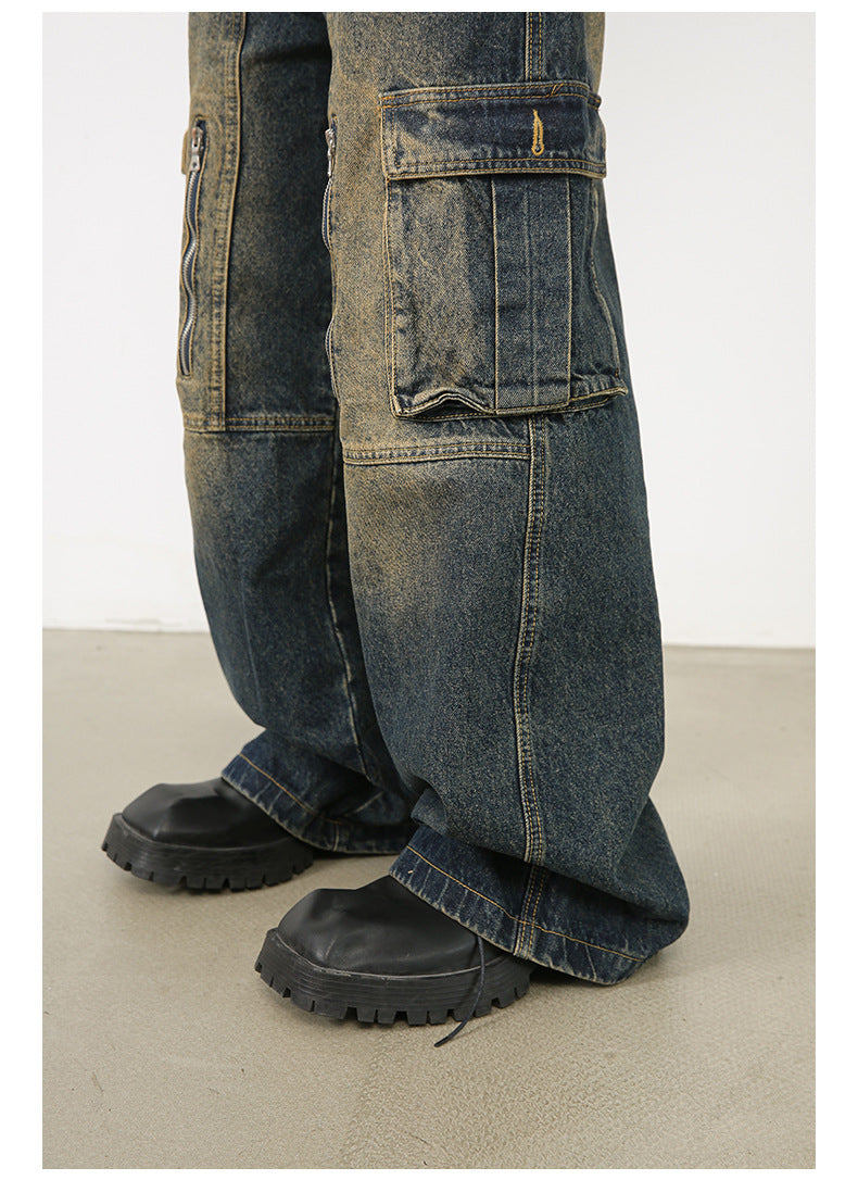 Men’s Multi-Pocket Cargo Jeans Y2K Streetwear Baggy Wide Leg Denim Trousers