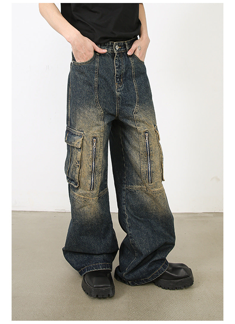 Men’s Multi-Pocket Cargo Jeans Y2K Streetwear Baggy Wide Leg Denim Trousers