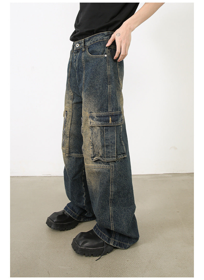 Men’s Multi-Pocket Cargo Jeans Y2K Streetwear Baggy Wide Leg Denim Trousers
