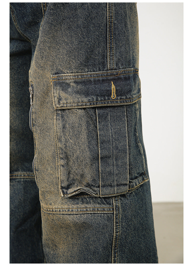 Men’s Multi-Pocket Cargo Jeans Y2K Streetwear Baggy Wide Leg Denim Trousers