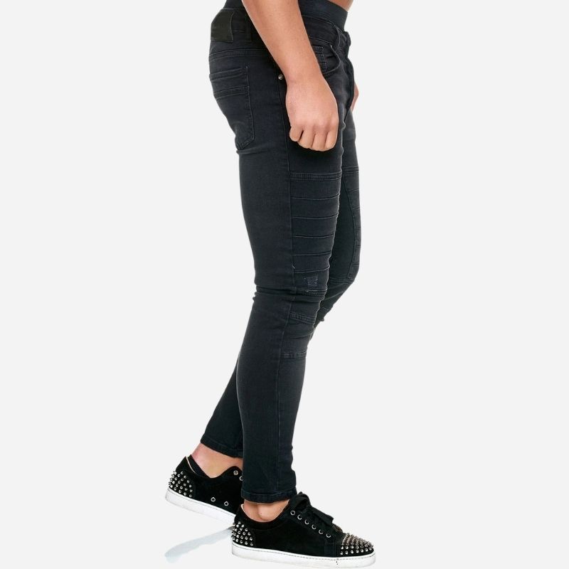 Men's panel moto jeans biker style tapered leg denim pants, side view