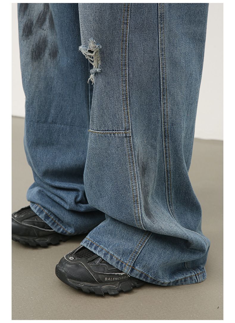 Men's Ripped Jeans Relaxed Fit Straight Leg Y2K Denim Pants Hip Hop Trousers