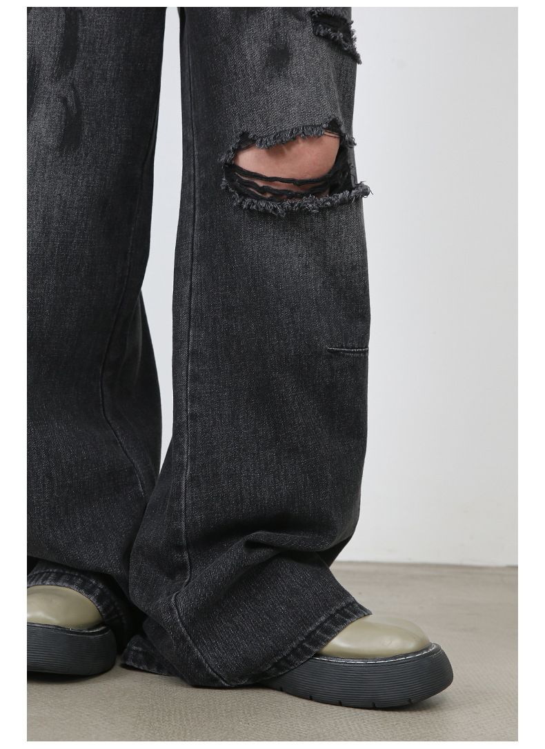 Men's Ripped Jeans Relaxed Fit Straight Leg Y2K Denim Pants Hip Hop Trousers