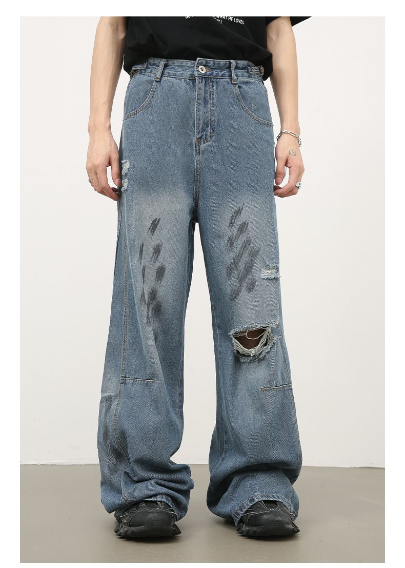 Men's Ripped Jeans Relaxed Fit Straight Leg Y2K Denim Pants Hip Hop Trousers