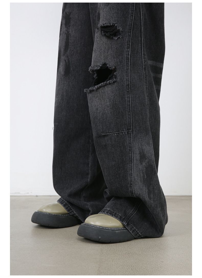 Men's Ripped Jeans Relaxed Fit Straight Leg Y2K Denim Pants Hip Hop Trousers