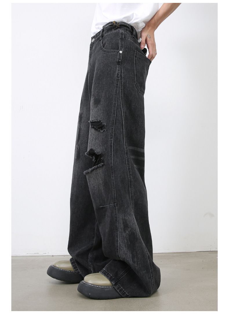 Men's Ripped Jeans Relaxed Fit Straight Leg Y2K Denim Pants Hip Hop Trousers