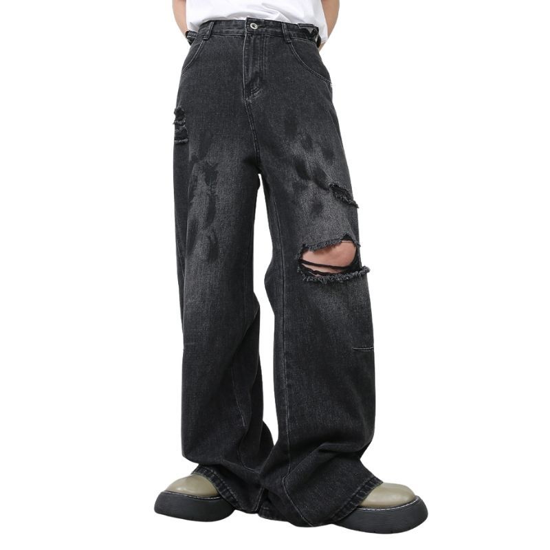 Men's Ripped Jeans Relaxed Fit Straight Leg Y2K Denim Pants Hip Hop Trousers