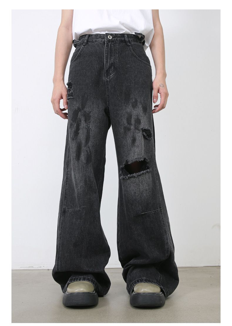 Men's Ripped Jeans Relaxed Fit Straight Leg Y2K Denim Pants Hip Hop Trousers