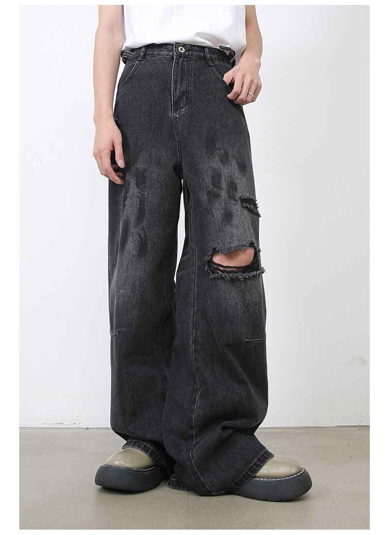 Men's Ripped Jeans Relaxed Fit Straight Leg Y2K Denim Pants Hip Hop Trousers