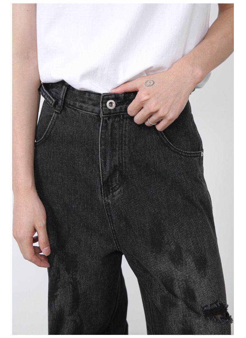 Men's Ripped Jeans Relaxed Fit Straight Leg Y2K Denim Pants Hip Hop Trousers