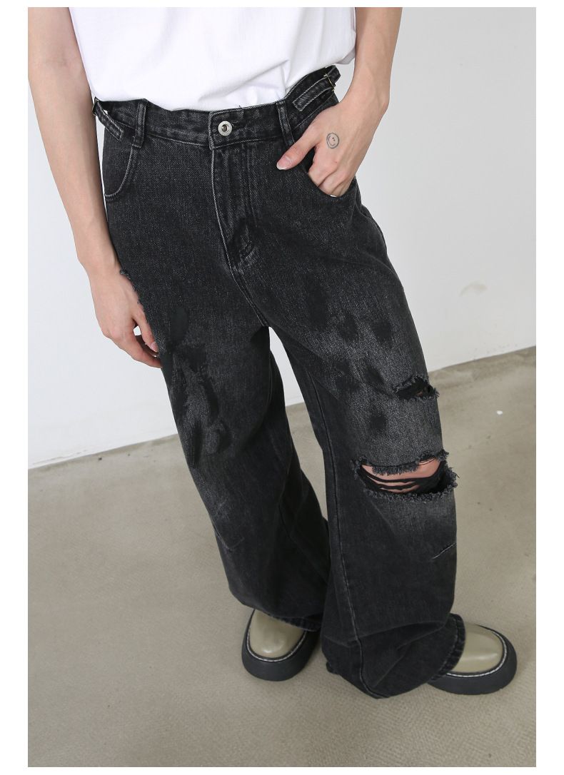 Men's Ripped Jeans Relaxed Fit Straight Leg Y2K Denim Pants Hip Hop Trousers