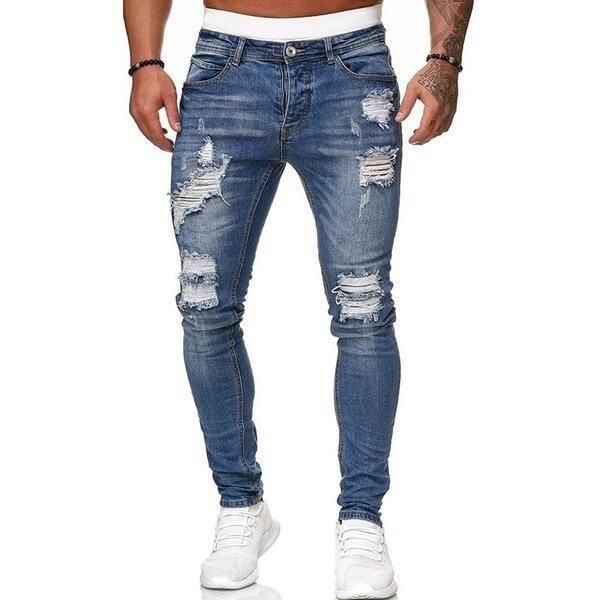 Men's Destroyed Ripped Jeans Stretch Slim Fit Skinny Denim Pants