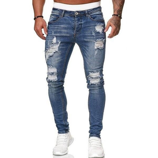 Men's Destroyed Ripped Jeans Stretch Slim Fit Skinny Denim Pants in blue