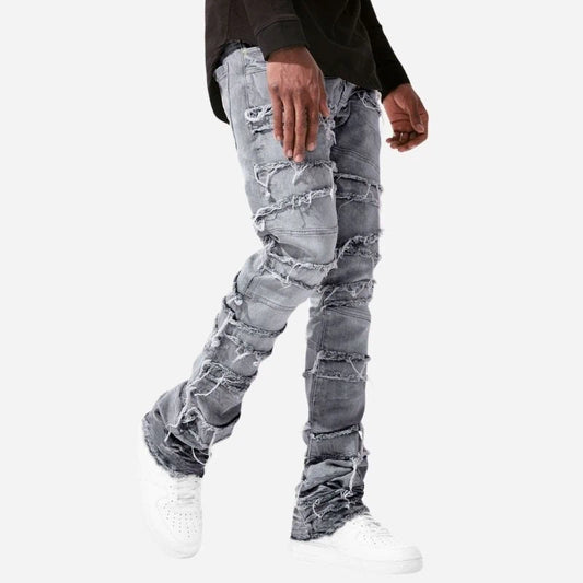 men's stacked jeans slim fit washed denim pants in grey, side view