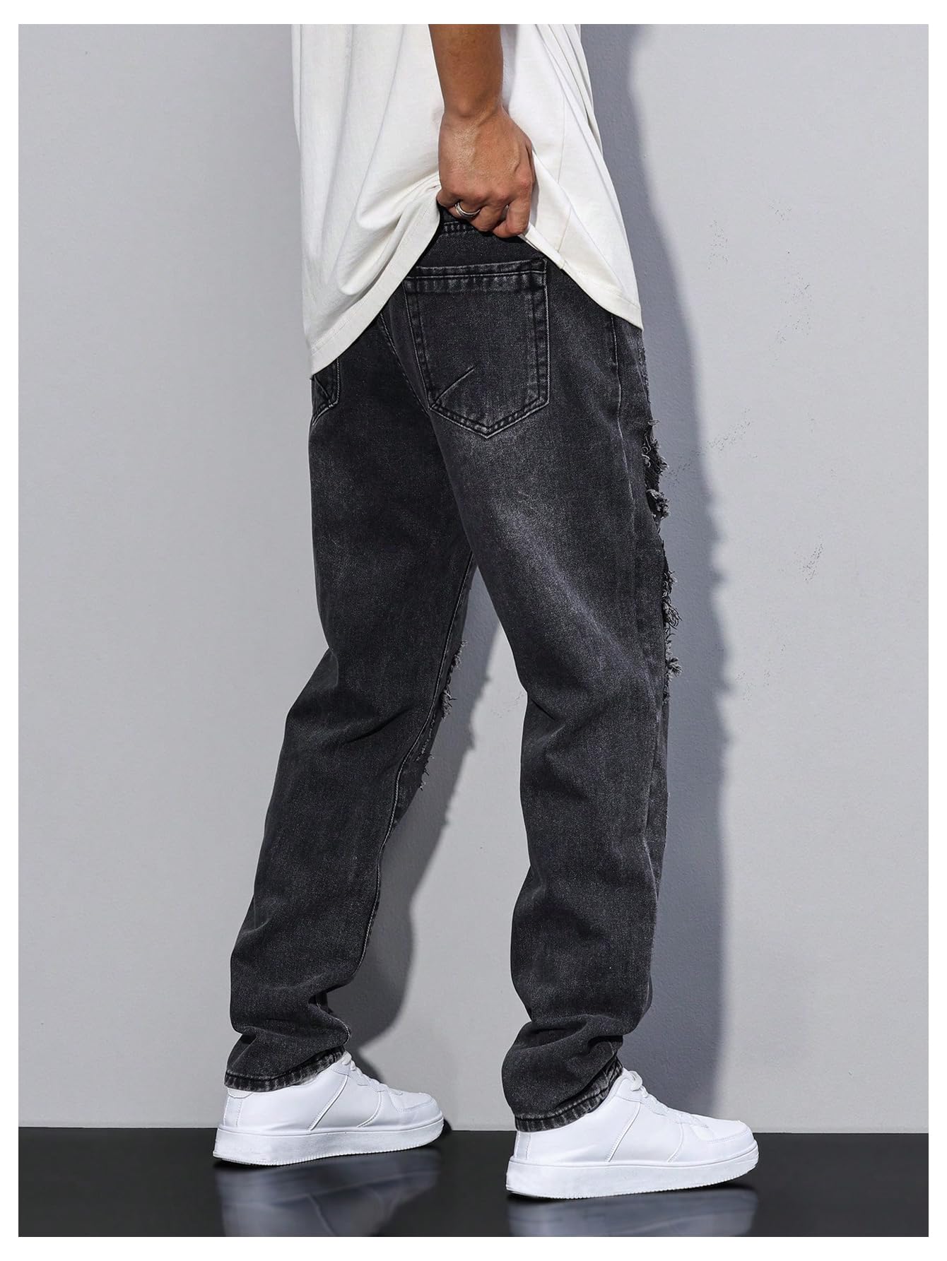 Men's Vintage Distressed Ripped Jeans Straight Leg Denim Pants