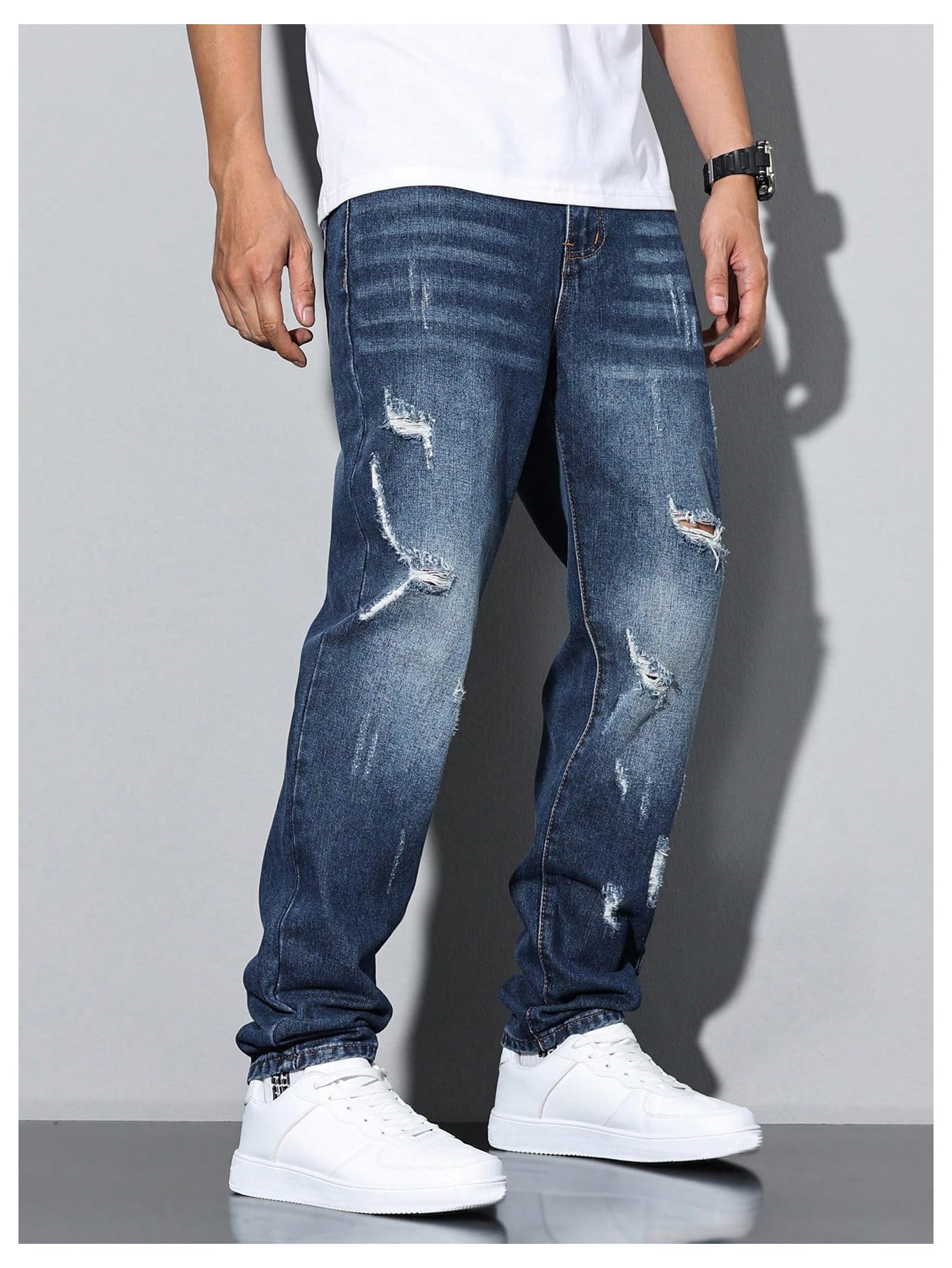 Men's Vintage Distressed Ripped Jeans Straight Leg Denim Pants