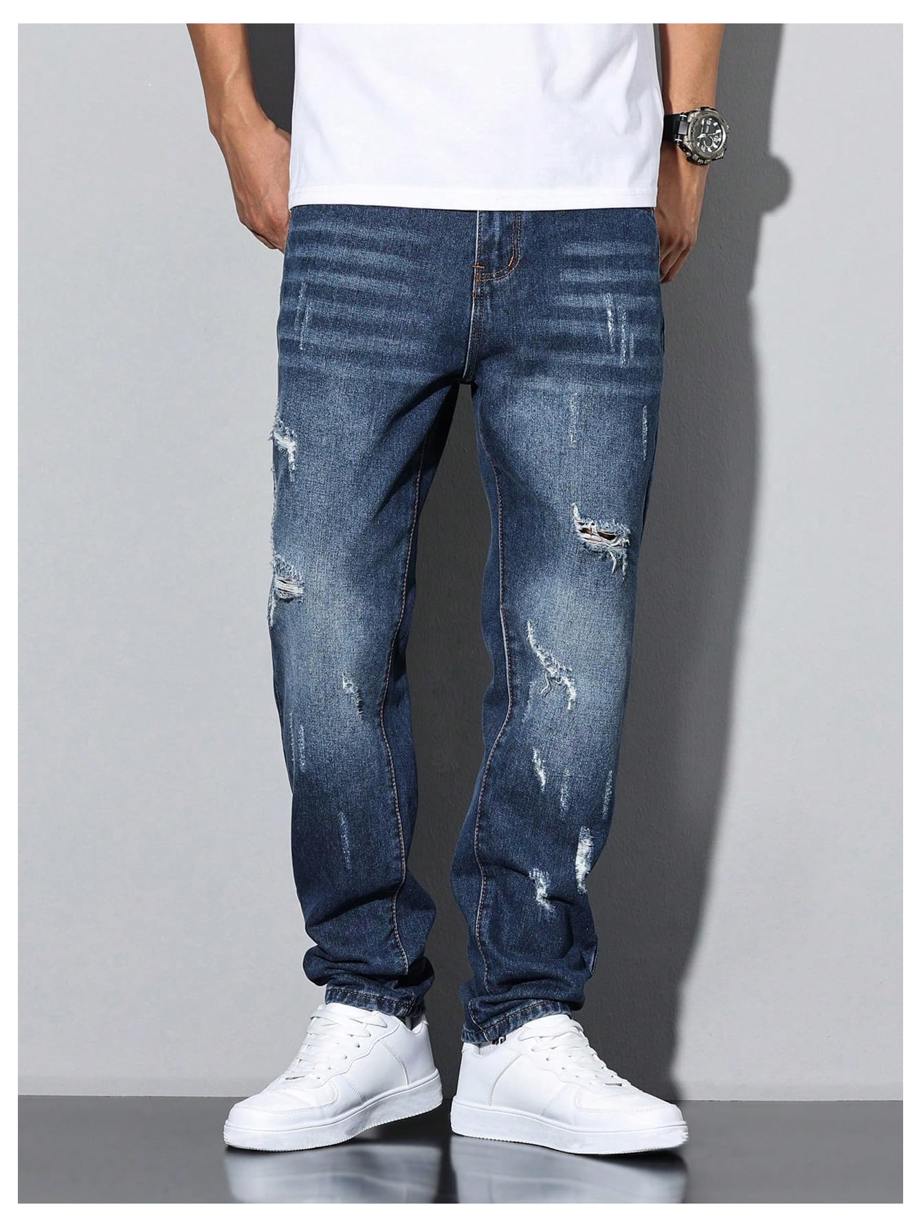 Men's Vintage Distressed Ripped Jeans Straight Leg Denim Pants